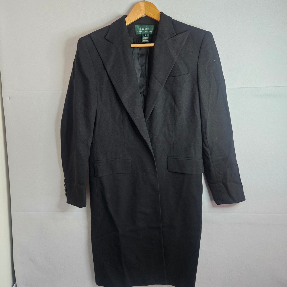 Lauren Ralph Lauren‎ Black Worsted Wool Longline Blazer Coat Peak Lapel Size 8